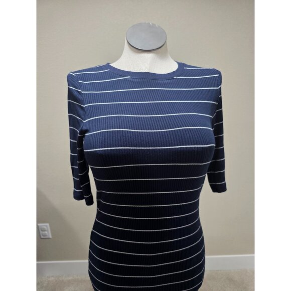 Navy & White Striped Fitted Ribbed Knit Dress With 3/4 Sleeves & Round Neckline - Picture 2 of 8